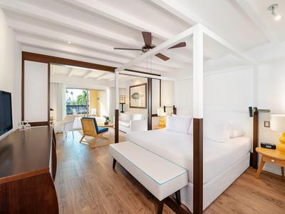 Habitación de hotel luminosa con suelo de madera, cama con dosel, TV y área de estar con vista al balcón.