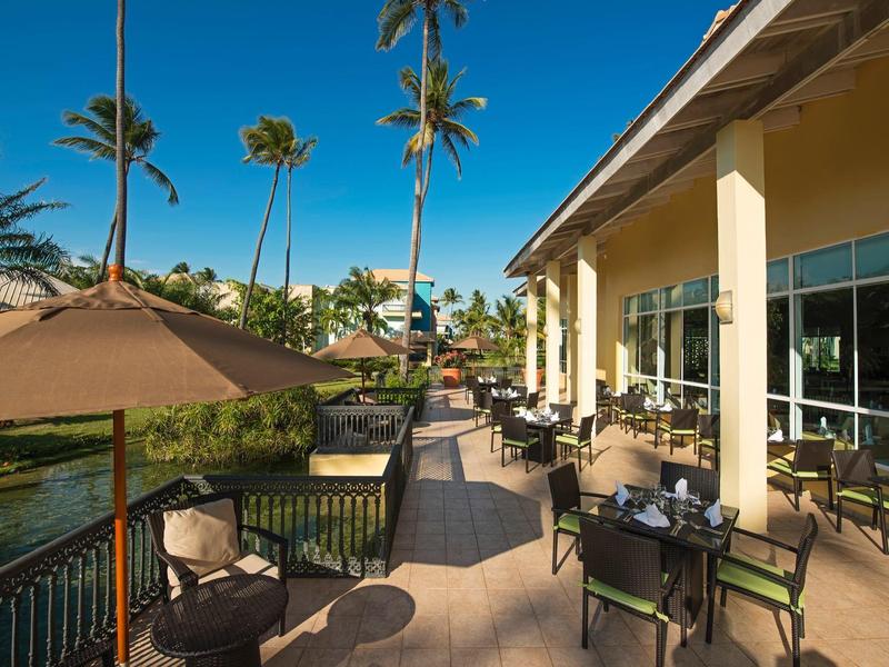 Terraza soleada con zonas de descanso junto al agua y palmeras en un hotel.