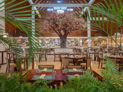 Ampio ristorante con decorazione ad albero centrale e piante di palma circostanti