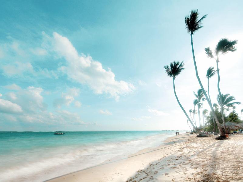 Pláž s palmami a modrou oblohou, jemné vlny na bílém písku.