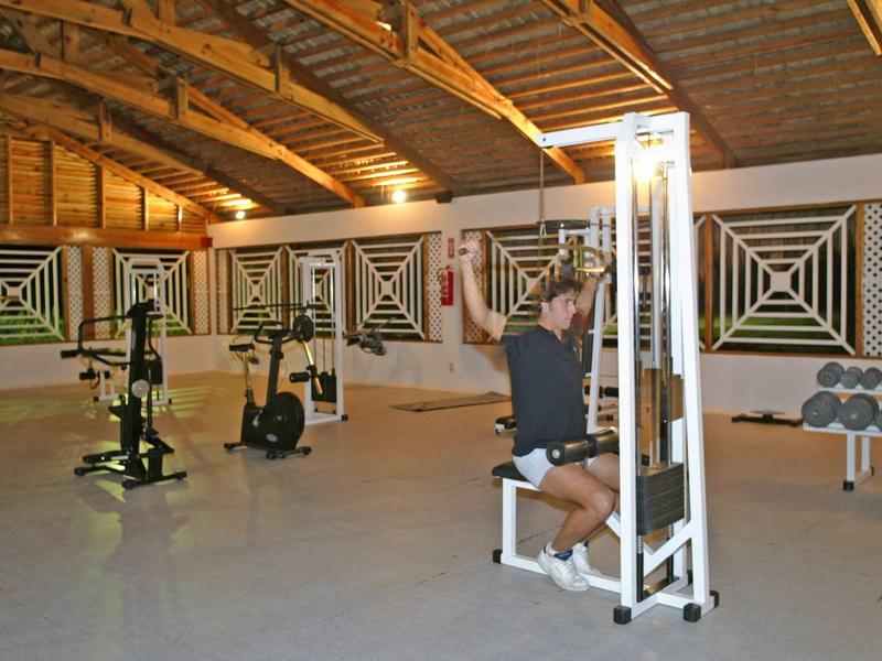 Geräumiger Fitnessraum mit Holzdecke, Trainingsgeräten, Hanteln und hellem Bodenbelag.