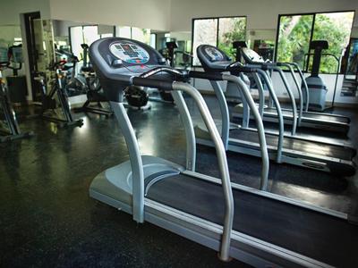 Mehrere Laufbänder stehen in einer Reihe in einem hellen, geräumigen Fitnessstudio mit Fenstern.