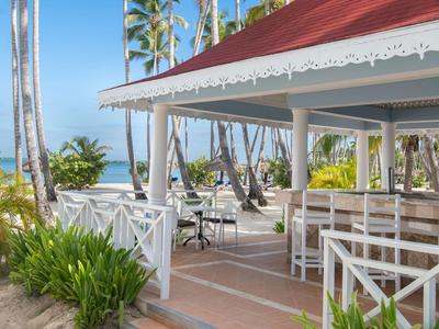 Zadaszony taras z meblami i hamakami obok tropikalnych palm na plaży.