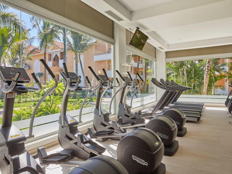 Gimnasio luminoso con equipos modernos y grandes ventanales con vista al jardín y palmeras.