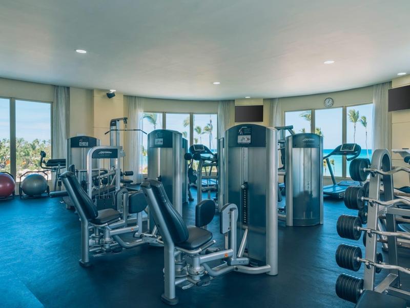 Modern gym with exercise machines and large windows overlooking palm trees.