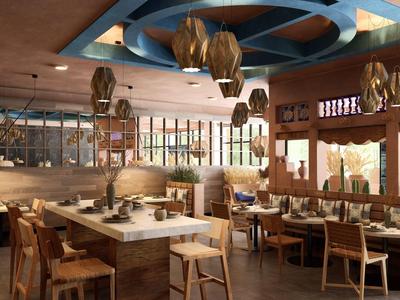 Ristorante accogliente con mobili in legno e luci sospese in un ambiente moderno.