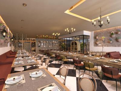 Ampia zona ristorante con tavoli apparecchiati, mobili in legno e illuminazione moderna.