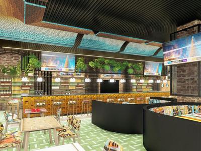 Modernes Hotelrestaurant mit Bar, bunten Stühlen und Holzelementen in lebendiger Atmosphäre.