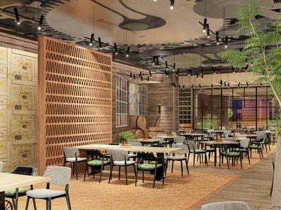 Moderner Hotelrestaurantbereich mit Holzwänden, gedeckten Tischen und stilvollen Stühlen.