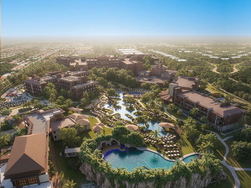 Groot resort met meerdere zwembaden, groen en uitgestrekt landschap onder een heldere hemel.