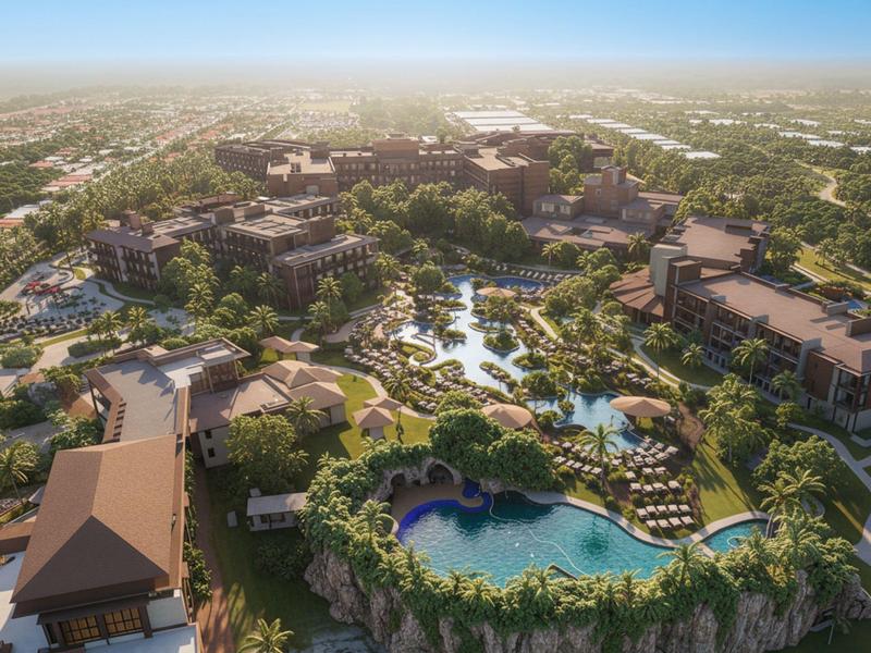 Luchtfoto van een uitgestrekt resort met zwembaden, groen en gebouwen onder een heldere lucht.