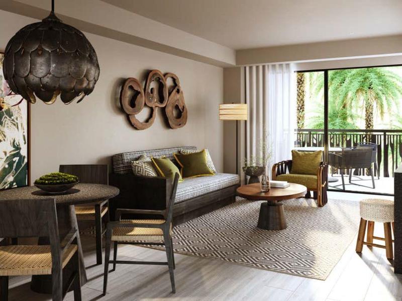 Modern ingerichte woonkamer met bank, eettafel en balkon met uitzicht op palmbomen.