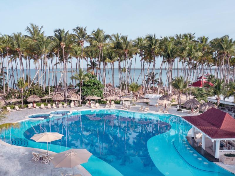 Large hotel pool with palm trees and sea in the background under clear sky.