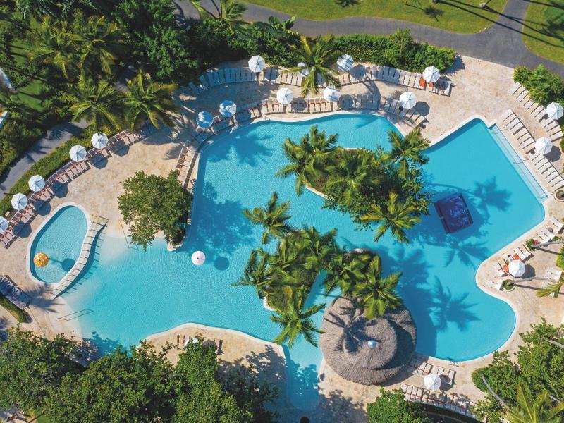 Veduta aerea di una piscina di un hotel tropicale con palme e lettini