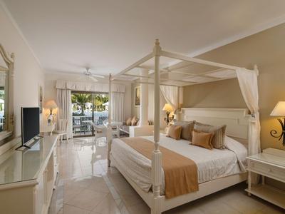 Helles Hotelzimmer mit Himmelbett, Fernseher und Zugang zu einer Terrasse mit Poolblick.