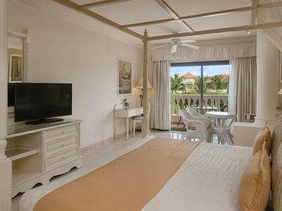 Jasny pokój hotelowy z podwójnym łóżkiem, telewizorem, biurkiem i balkonem z widokiem na ogród.