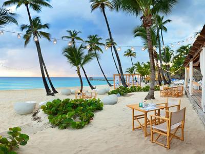 Plaża z palmami, piaskiem i stołem z krzesłami obok otwartego baru na plaży