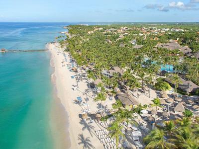 Aerial view of a tropical beach with clear water, palm trees, and sun umbrellas