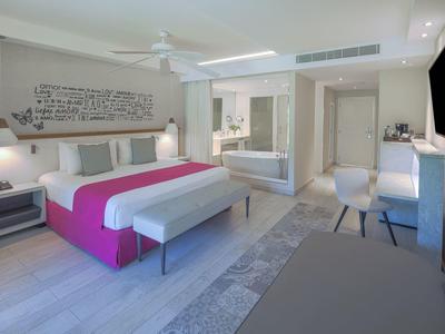 Modern hotel room with double bed, bench, bathtub, and TV in light colors.