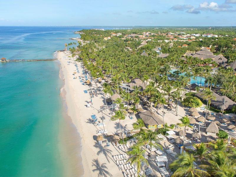 Aerial view of a tropical beach with clear water, palm trees, and sun umbrellas