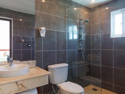 Moderní koupelna s tmavými dlaždicemi, sprchou, WC a umyvadlem se zrcadlem.