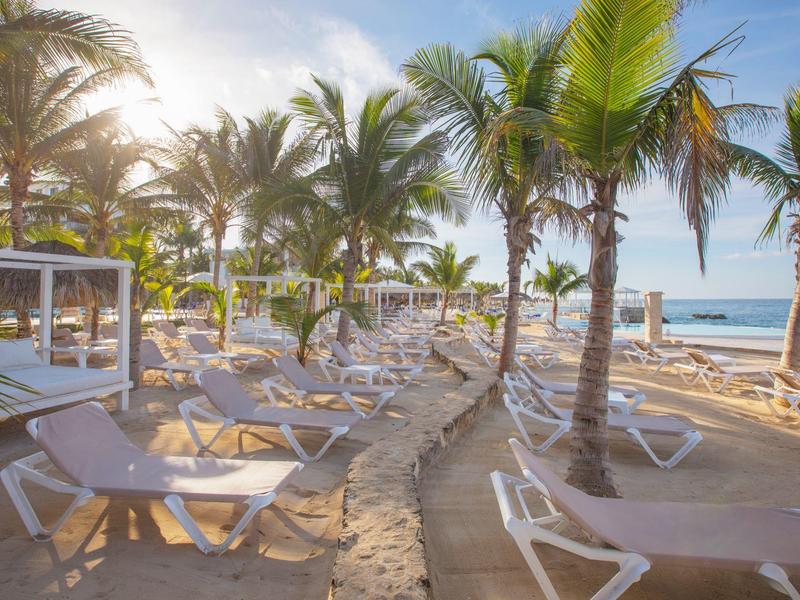 Slunná pláž s palmami a mnoha lehátky u hotelového bazénu.