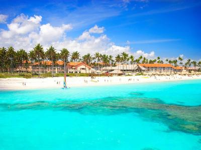 Tropikalna plaża z krystalicznie czystą niebieską wodą i palmami wzdłuż wybrzeża.