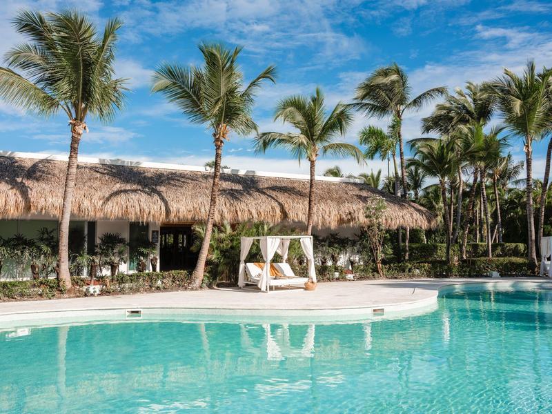Resort pool with thatched roof bar and palm trees under blue sky.
