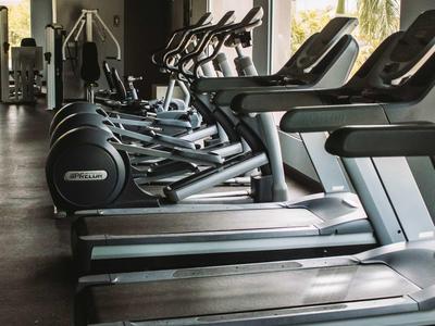 Fitnessraum mit Laufbändern und Crosstrainern neben großen Fenstern mit Blick auf Palmen.