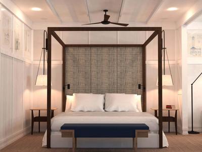 Modernes Schlafzimmer mit Himmelbett, beiger Wand, zwei Nachttischen und blauer Sitzbank am Bettende.