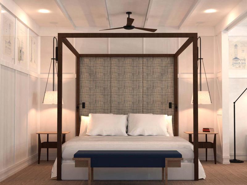 Modernes Schlafzimmer mit Himmelbett, beiger Wand, zwei Nachttischen und blauer Sitzbank am Bettende.