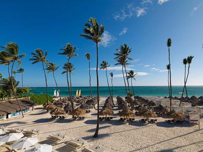 Strand mit Palmen, Sonnenliegen und klarem blauem Himmel am türkisfarbenen Meer.