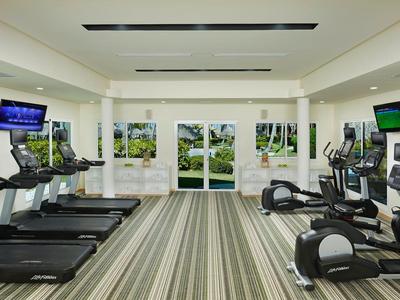 Moderní posilovna s běžeckými pásy a eliptickými trenažéry před velkými okny.