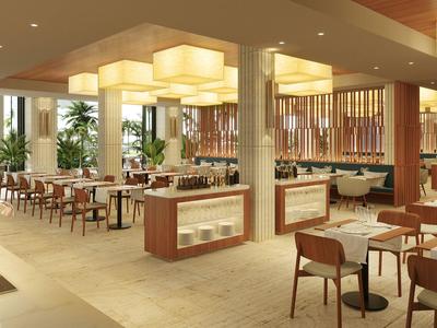 Modern eingerichteter Hotelrestaurantbereich mit beleuchteten Deckenlampen und Holzstühlen.