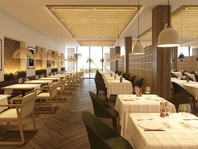 Modernes Restaurant mit gedeckten Tischen und warmem, natürlichem Licht.