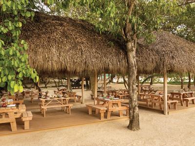 Tables de pique-nique couvertes dans un espace extérieur tropical avec beaucoup de verdure.