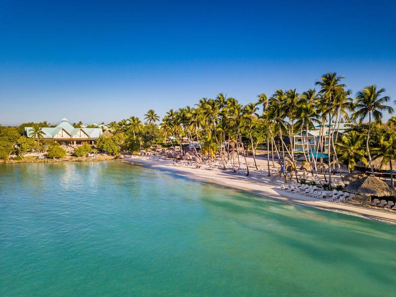 Agua turquesa en la playa tranquila con palmeras y sombrillas oscuras bajo un cielo despejado