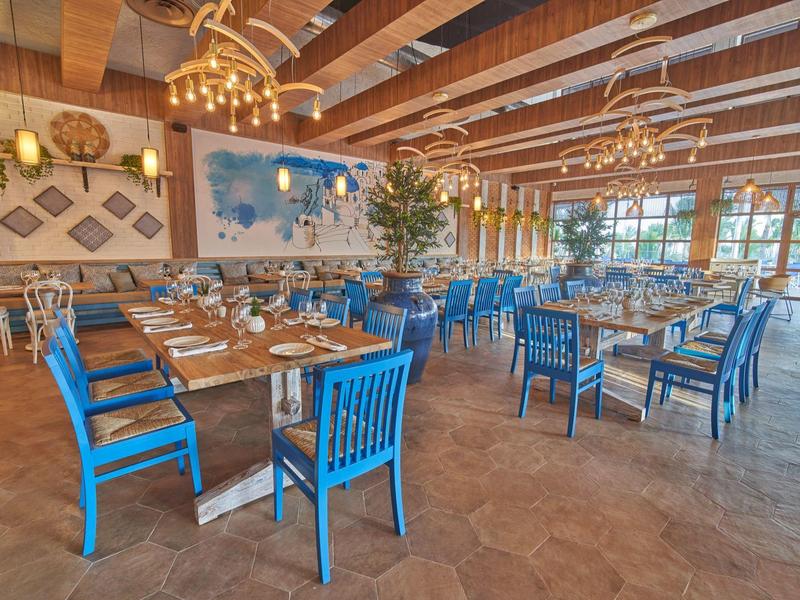 Bright restaurant with wooden beams, blue chairs, set tables, and large windows.
