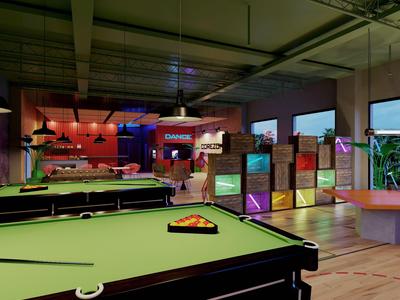 Interieur van een stijlvolle vrijetijdsruimte met biljarttafels en kleurrijke verlichting.