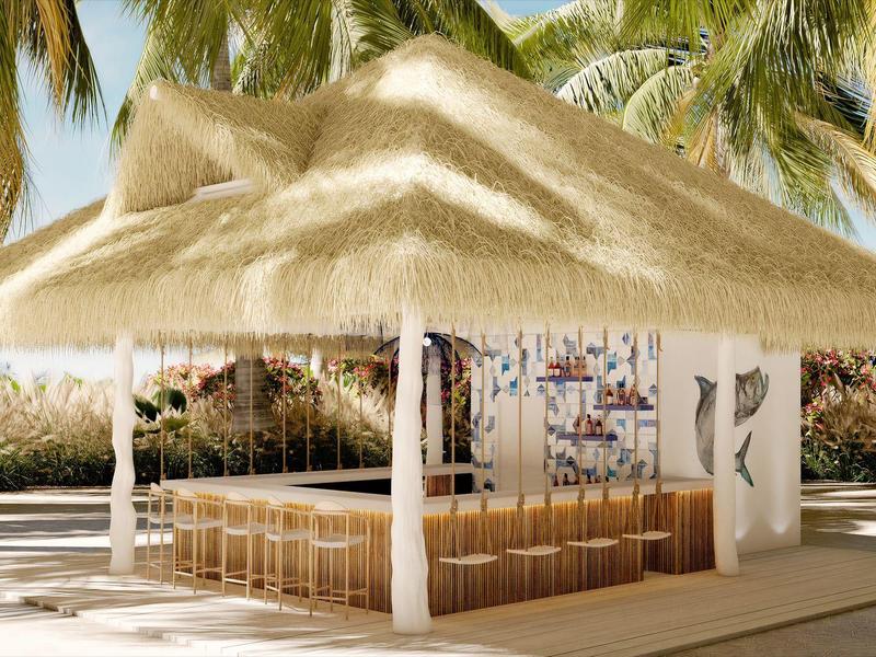 Area bar all'aperto moderna coperta da grandi tetti di paglia, circondata da palme.