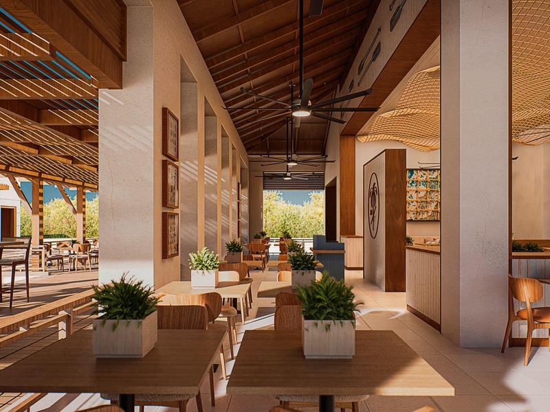 Ruim hotelterras met houten balken, gezellige zitplaatsen, planten in potten en openlucht eetgedeelte.