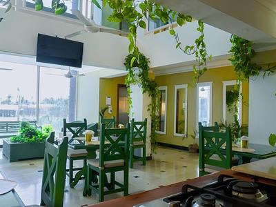 Sala colazione luminosa con sedie verdi, piante e vista sulla terrazza dell'hotel.