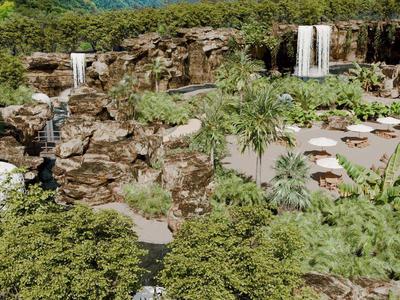 Tropikalny obszar basenu z wodospadami, piaszczystą plażą i parasolami, otoczony gęstą roślinnością.