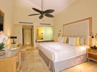 Camera d'hotel luminosa con letto grande, ventilatore a soffitto, TV e scrivania.