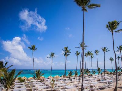 Plaża z palmami, leżakami i parasolami pod niebieskim niebem z lekkimi obłokami.