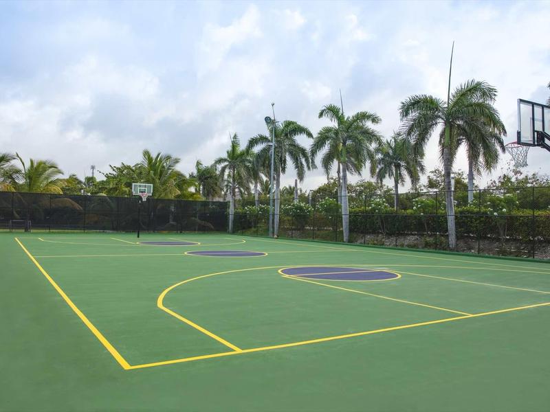 Venkovní basketbalové hřiště s palmami a zataženou oblohou v pozadí.