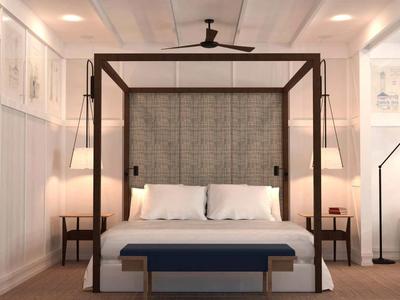 Modernes Schlafzimmer mit Himmelbett, grauem Kopfteil, zwei Nachttischen und warmem Licht.