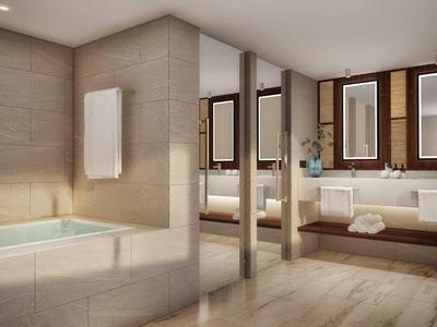 Moderní koupelna s vanou, dvojitým umyvadlem a velkými osvětlenými zrcadly.