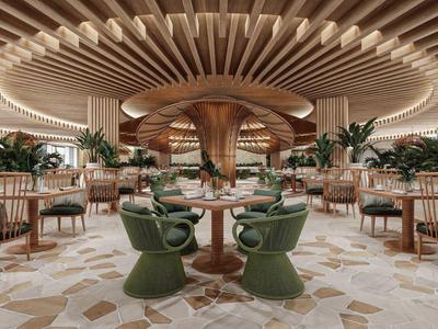 Modernes Hotelrestaurant mit einzigartiger hölzerner Deckenstruktur und stilvollen Sitzgelegenheiten.