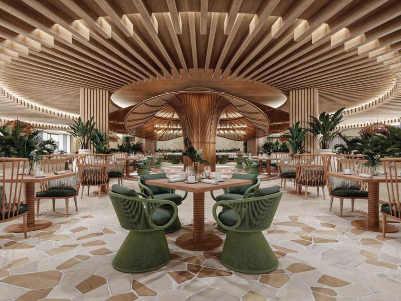 Restaurante de hotel moderno con diseño único de techo de madera y asientos elegantes.